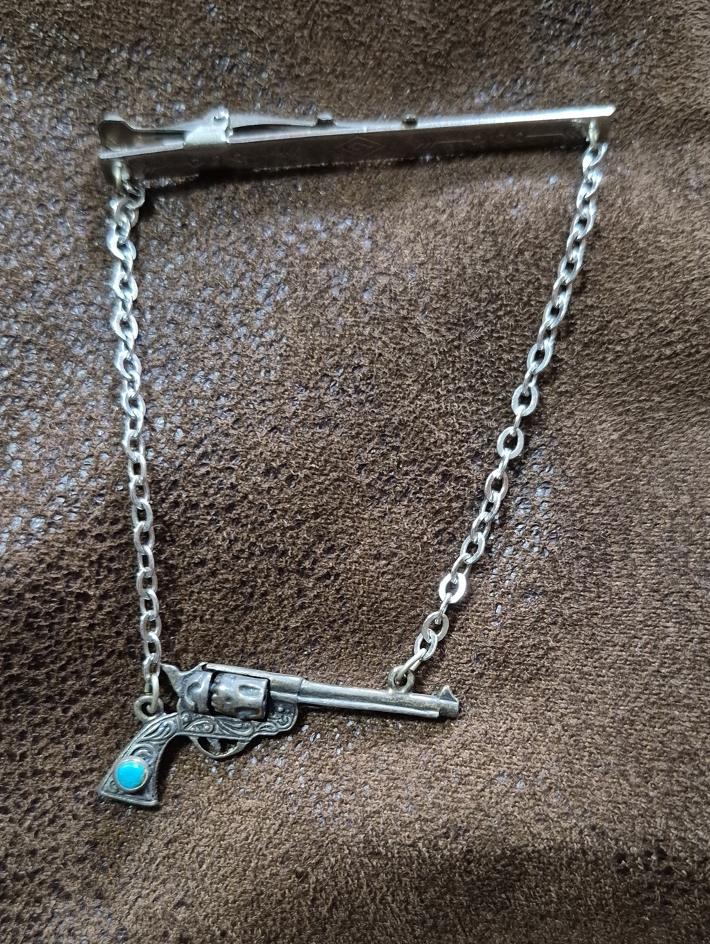 Vintage,Colt 45, Silver-tone Western Revolver Tie Bar with Turquoise 940 Silver. - Picture 1 of 5